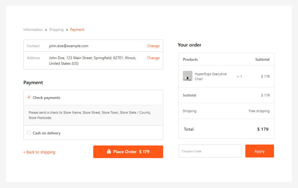 The Payment step of Multistep Checkout showing contact and address details, payment methods and the Place Order button