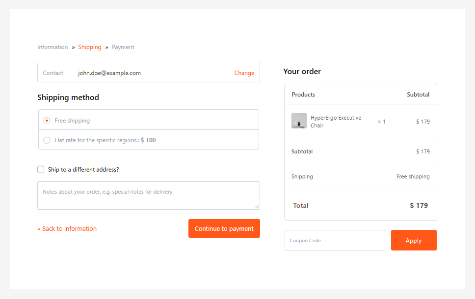 The Shipping step of Multistep Checkout showing the contact line, shipping methods and Continue to payment button