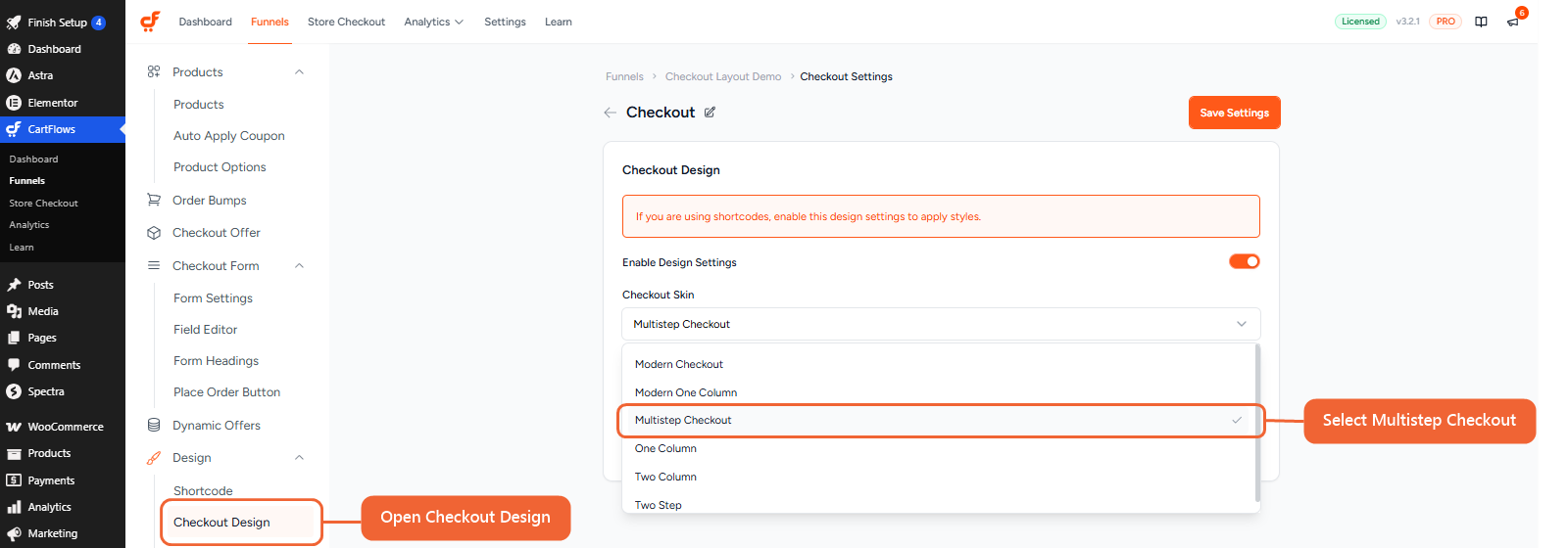 The Checkout Skin dropdown on the Checkout Design screen with Multistep Checkout selected
