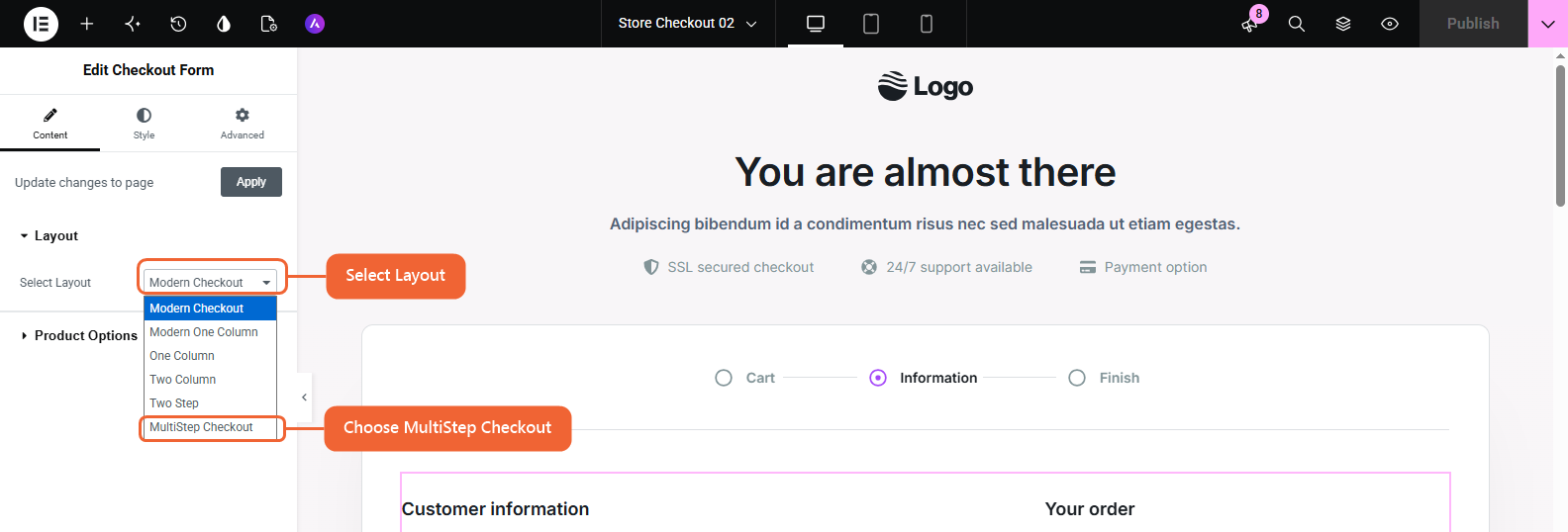 The Elementor editor with the CartFlows Checkout Form widget selected and the Select Layout dropdown open, showing MultiStep Checkout