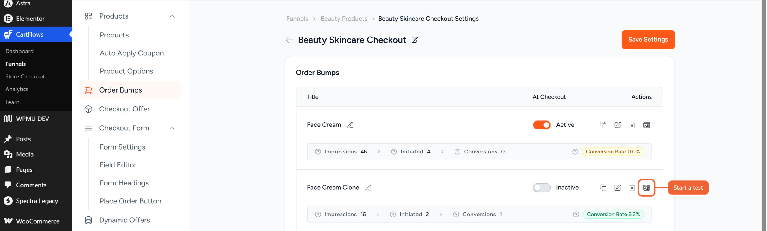 The A/B icon in the Actions column of an order bump