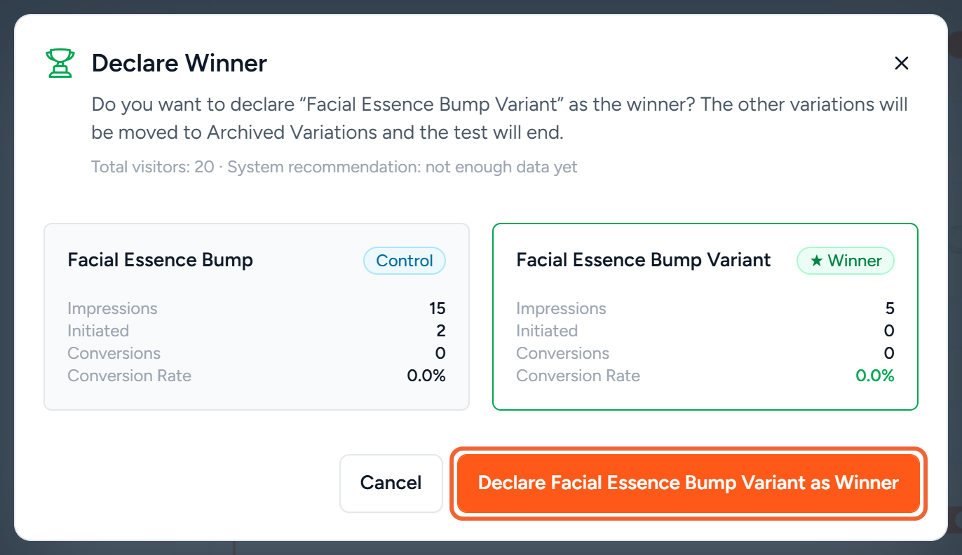 The Declare Winner window comparing the Control and the variation