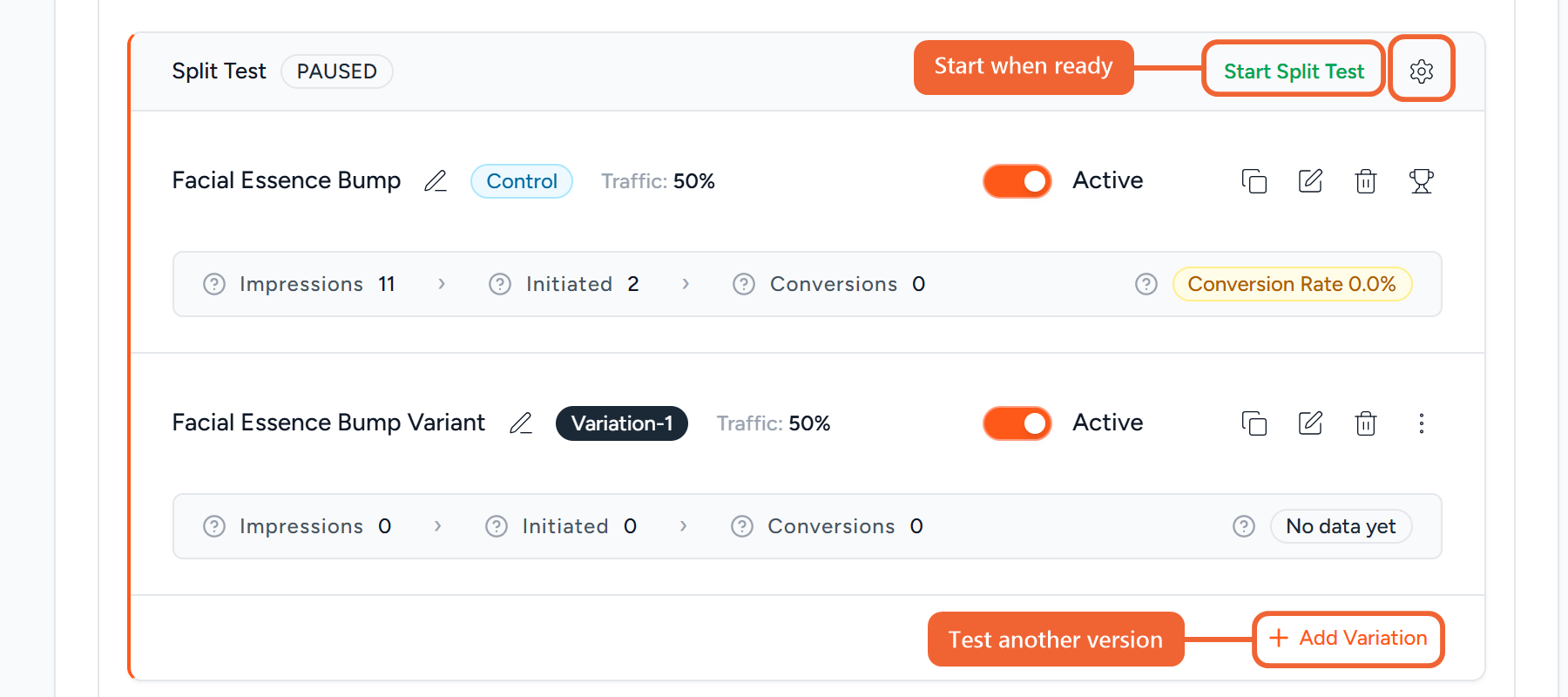 The split test group with the Control, Variation-1 and Add Variation link