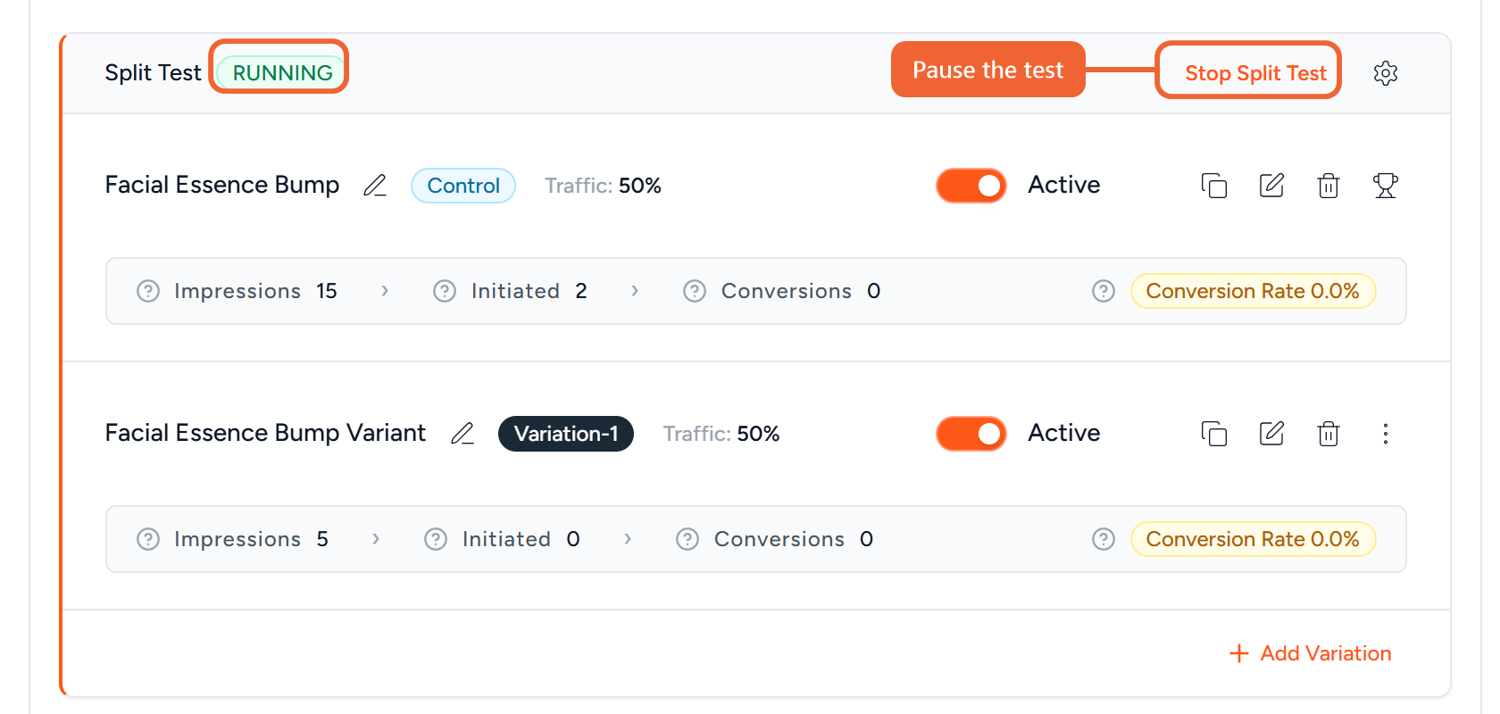 A running split test with the Stop Split Test link