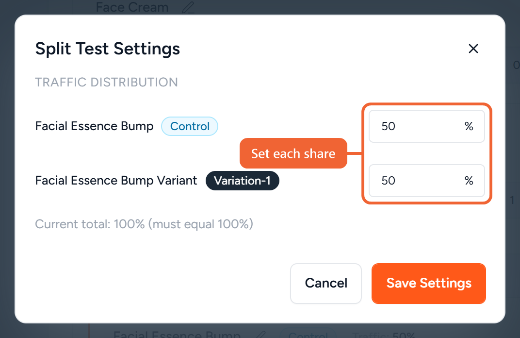 The Split Test Settings window with a traffic share for each version