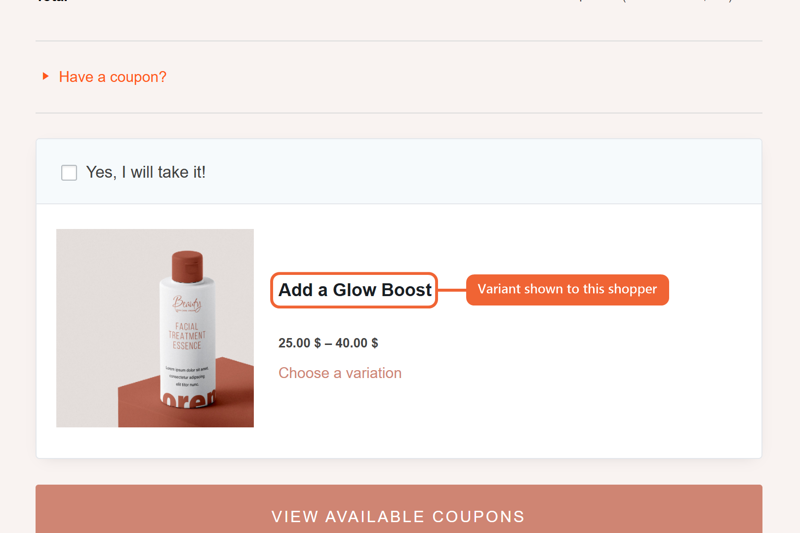 The variation's headline shown on the checkout page