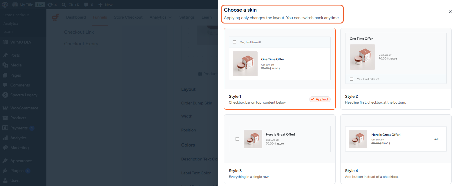 The Choose a skin panel, showing a live preview and description for each Order Bump skin, with Style 1 marked as Applied