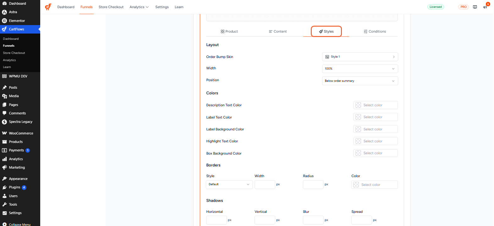 How To Add Order Bump To A Funnel The Styles tab of an Order Bump, showing the Order Bump Skin, Width and Position settings under Layout, followed by Colors, Borders and Shadows