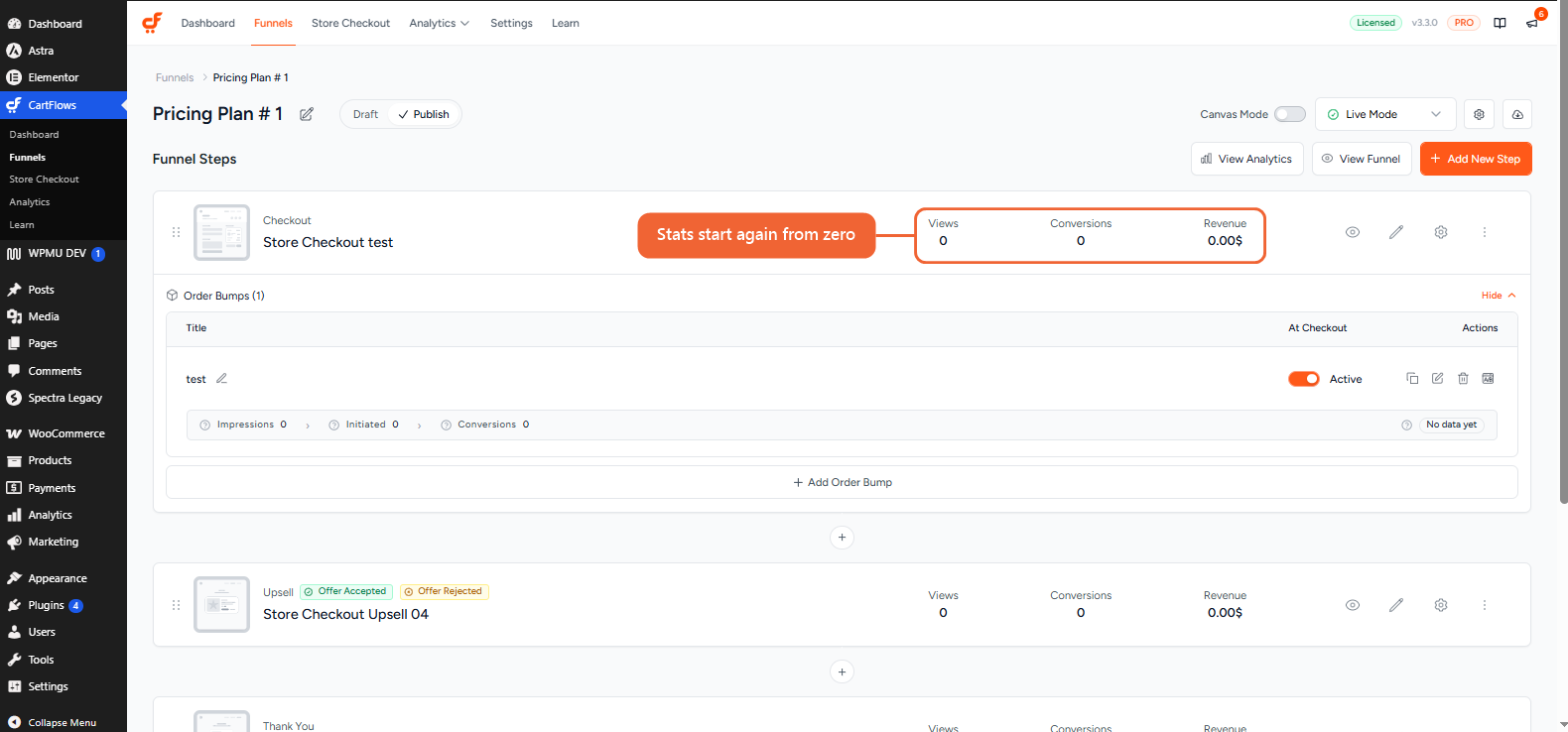 The Funnel Editor after the reset, with a step's Views, Conversions and Revenue showing zero