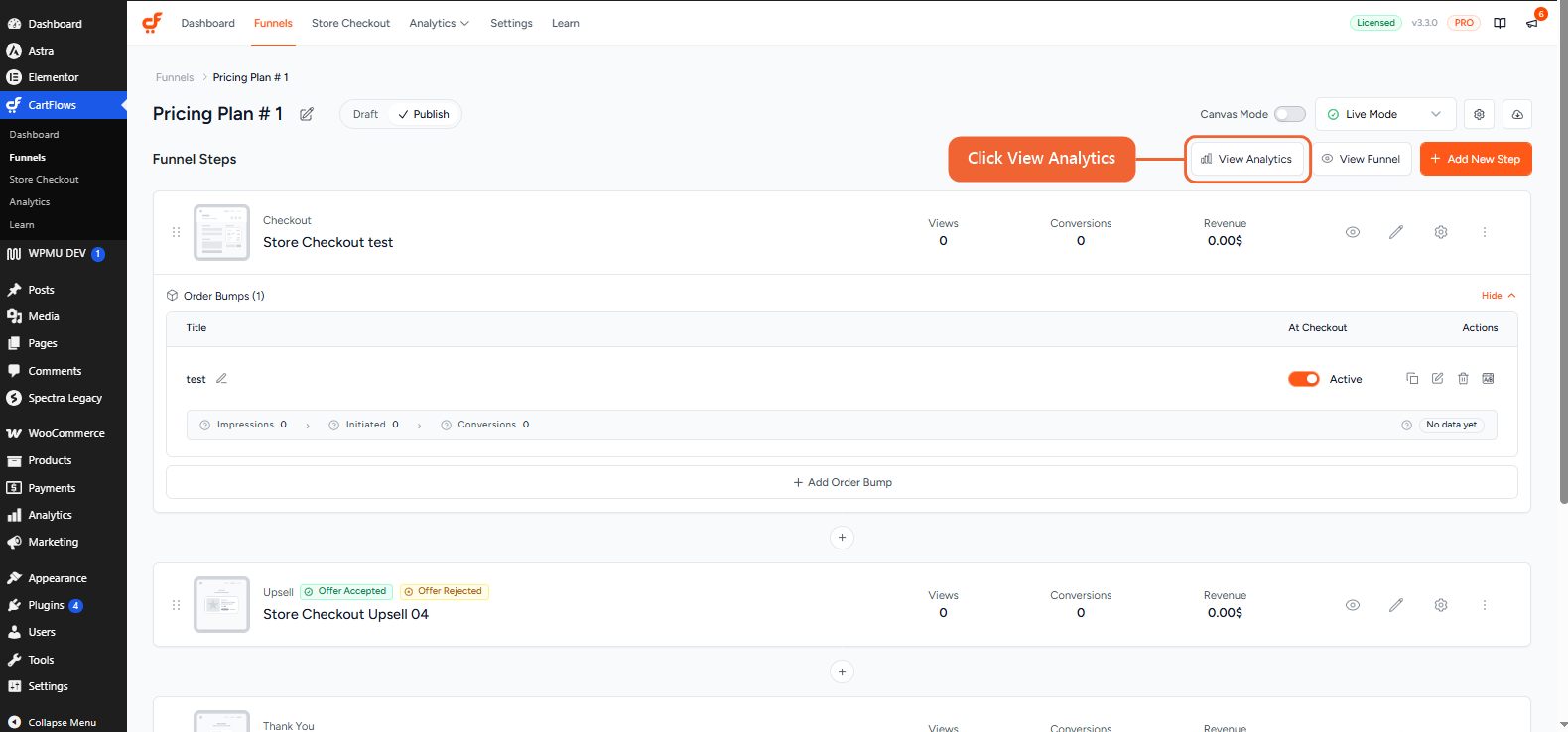 The Funnel Editor with the View Analytics button highlighted