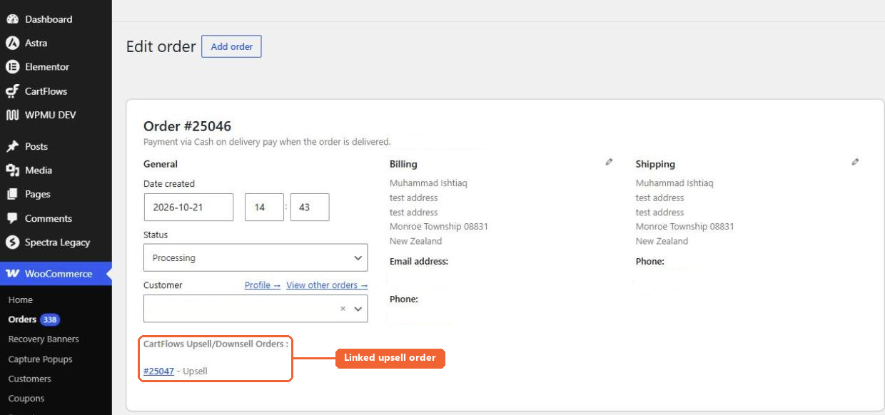 A test order in WooCommerce showing its linked upsell order under CartFlows Upsell/Downsell Orders