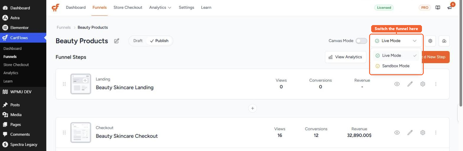 The funnel mode selector open in the funnel editor, showing the Live Mode and Sandbox Mode options
