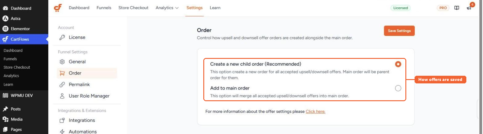 The Order tab in CartFlows Settings, showing the Create a new child order and Add to main order options