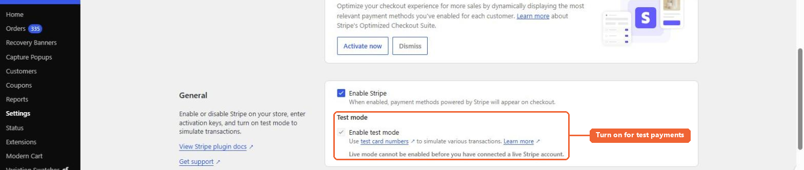 The Stripe settings on a staging site with Enable test mode turned on