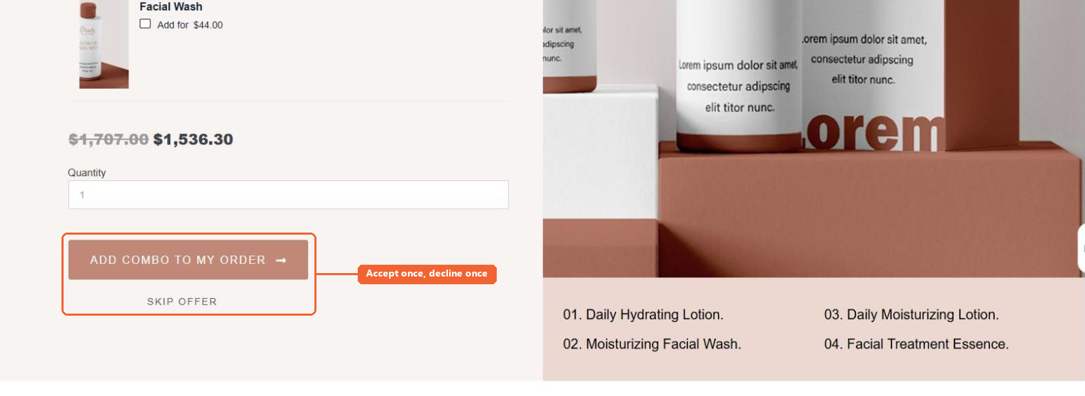 The upsell offer page reached after a test order, showing the offer price with the accept button and the Skip Offer link
