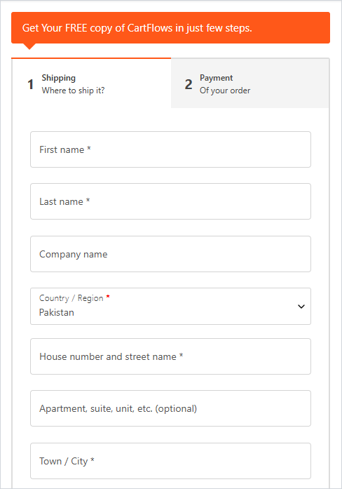 Two Step checkout on a phone, showing the note box, the two tabs and the first billing fields