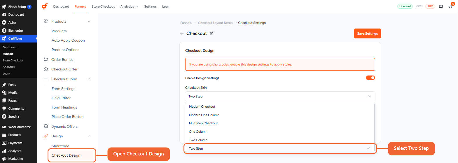 The Checkout Skin dropdown on the Checkout Design screen with Two Step selected