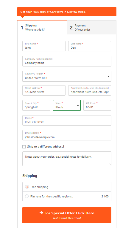 Step 1 of the Two Step checkout showing the note box, the two tabs and the billing fields