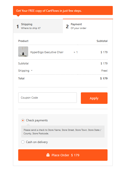 Step 2 of the Two Step checkout showing the order summary, payment methods and Place Order button