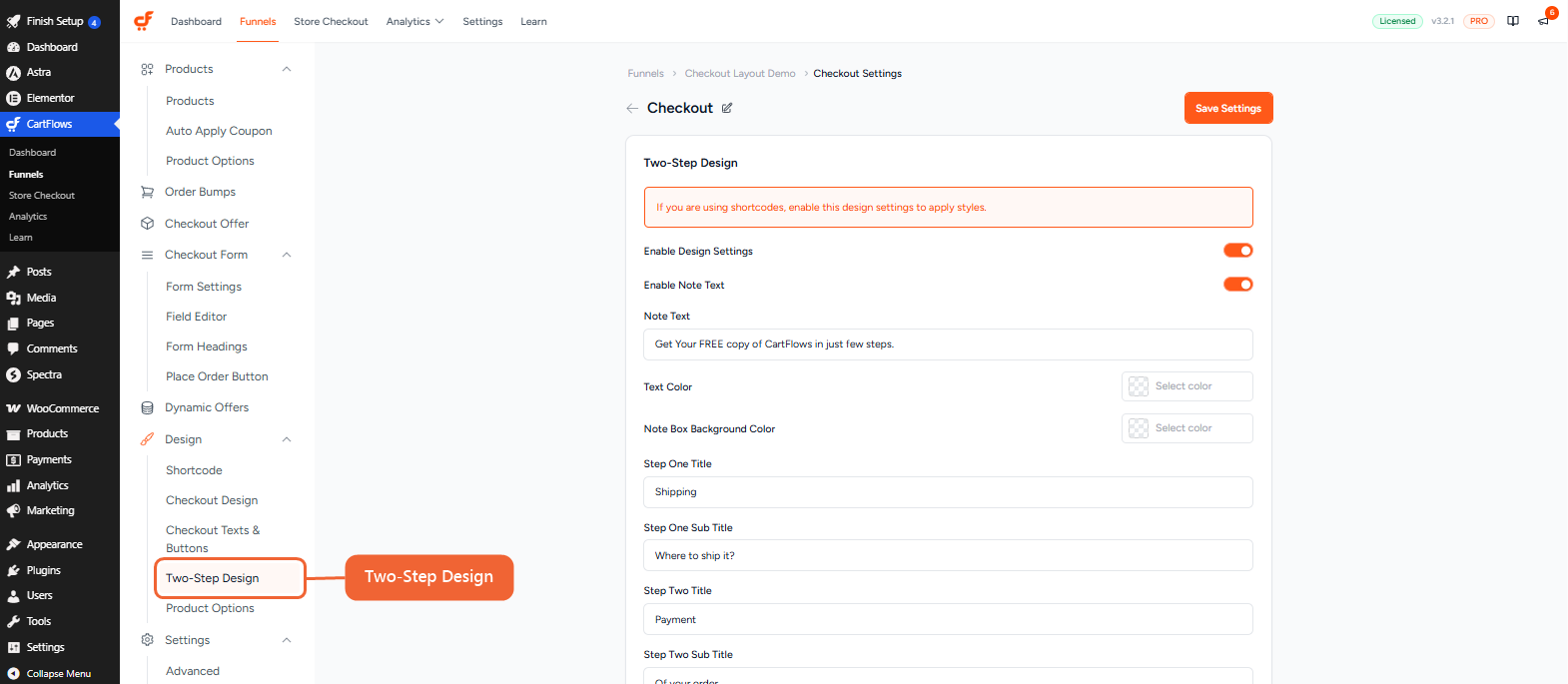 The Two-Step Design screen showing the note text, colors and step title fields