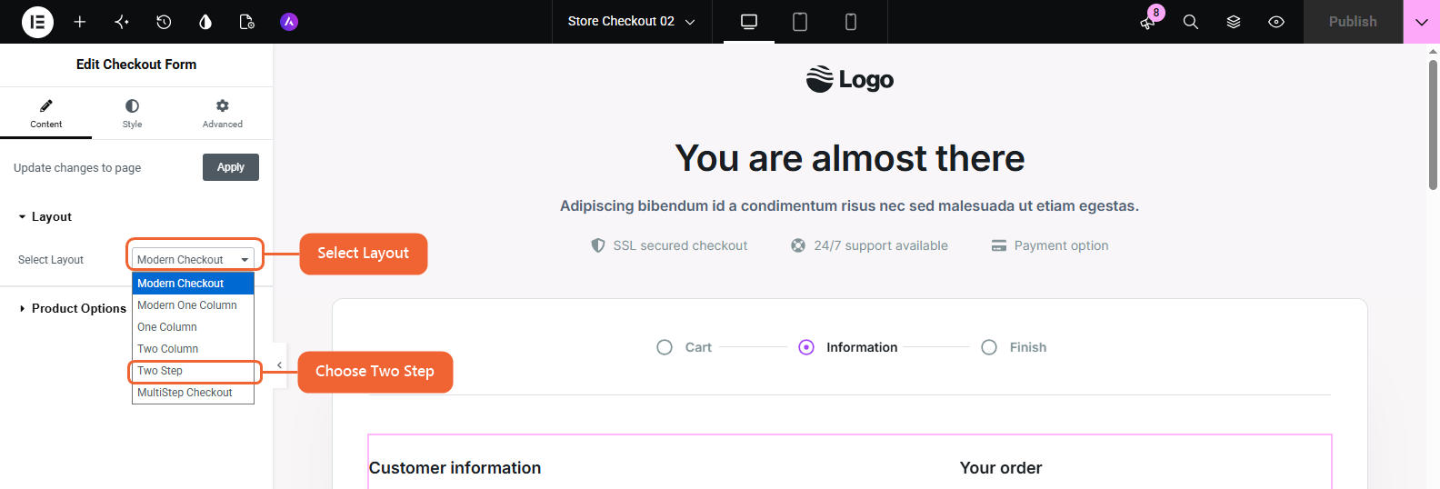 The Elementor editor with the CartFlows Checkout Form widget selected and the Select Layout dropdown open, showing Two Step