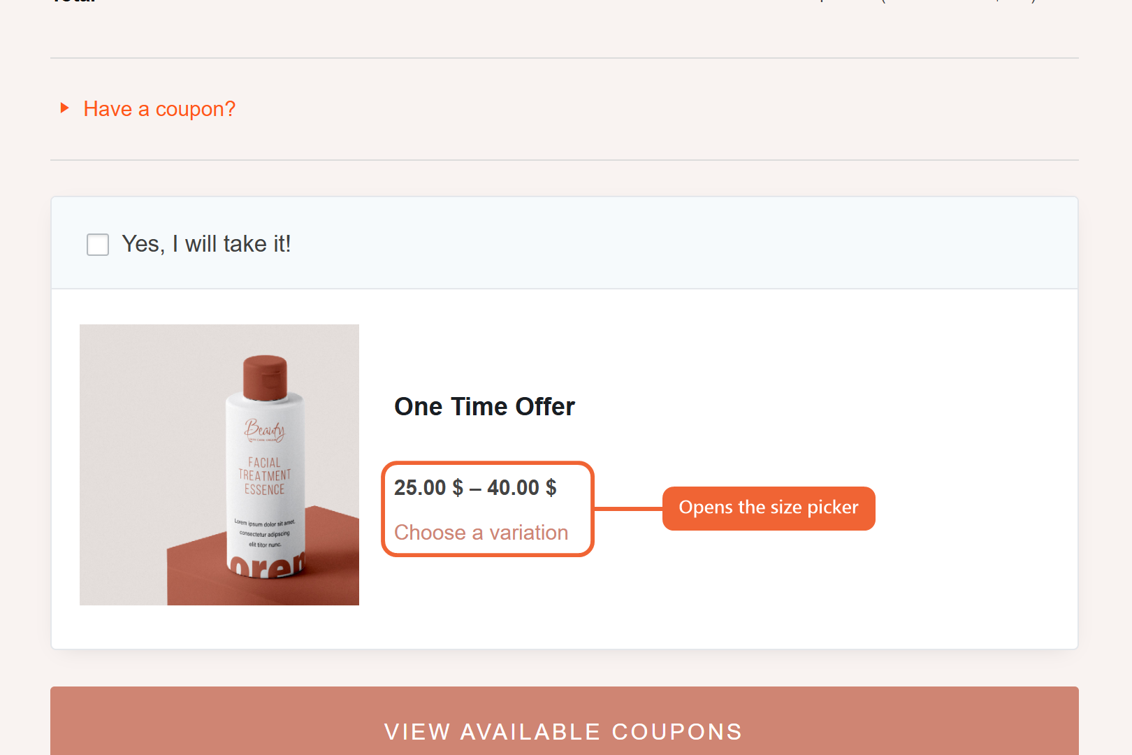 The order bump on the checkout page showing a price range and the Choose a variation link