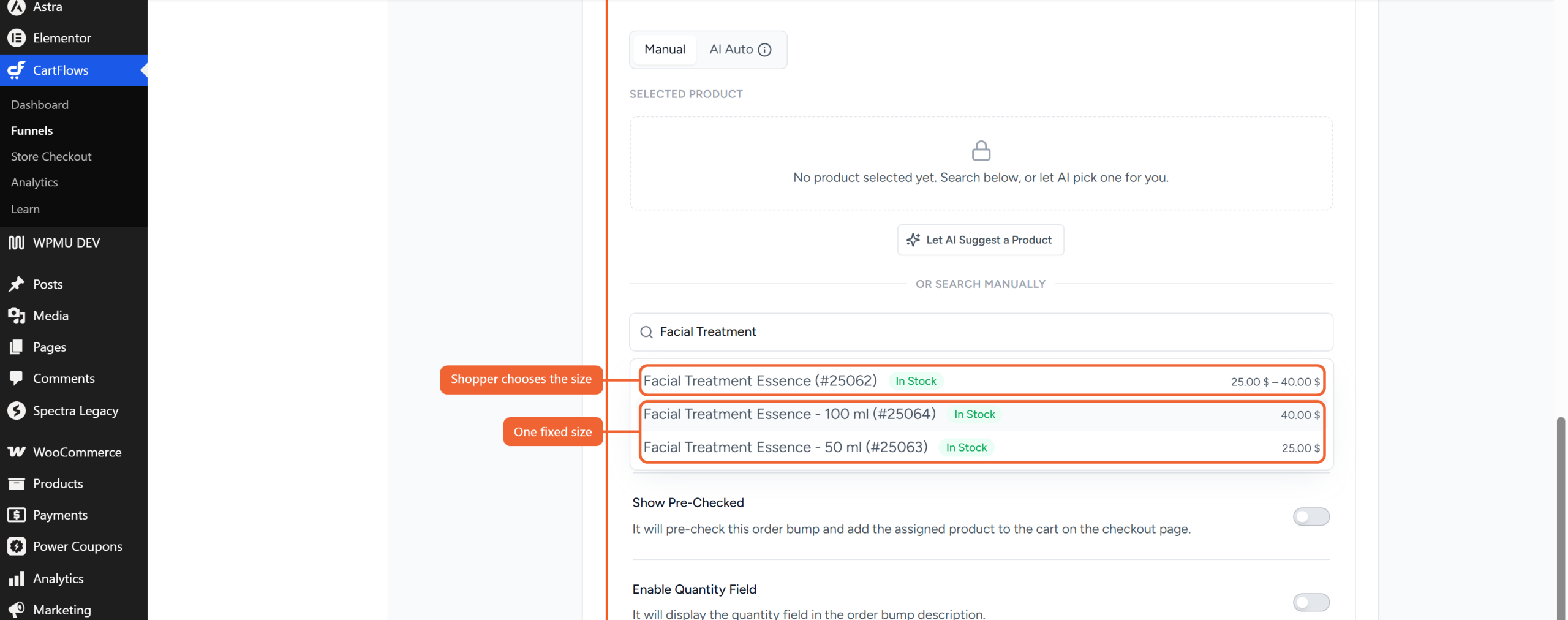 The product search showing the main variable product and its variations