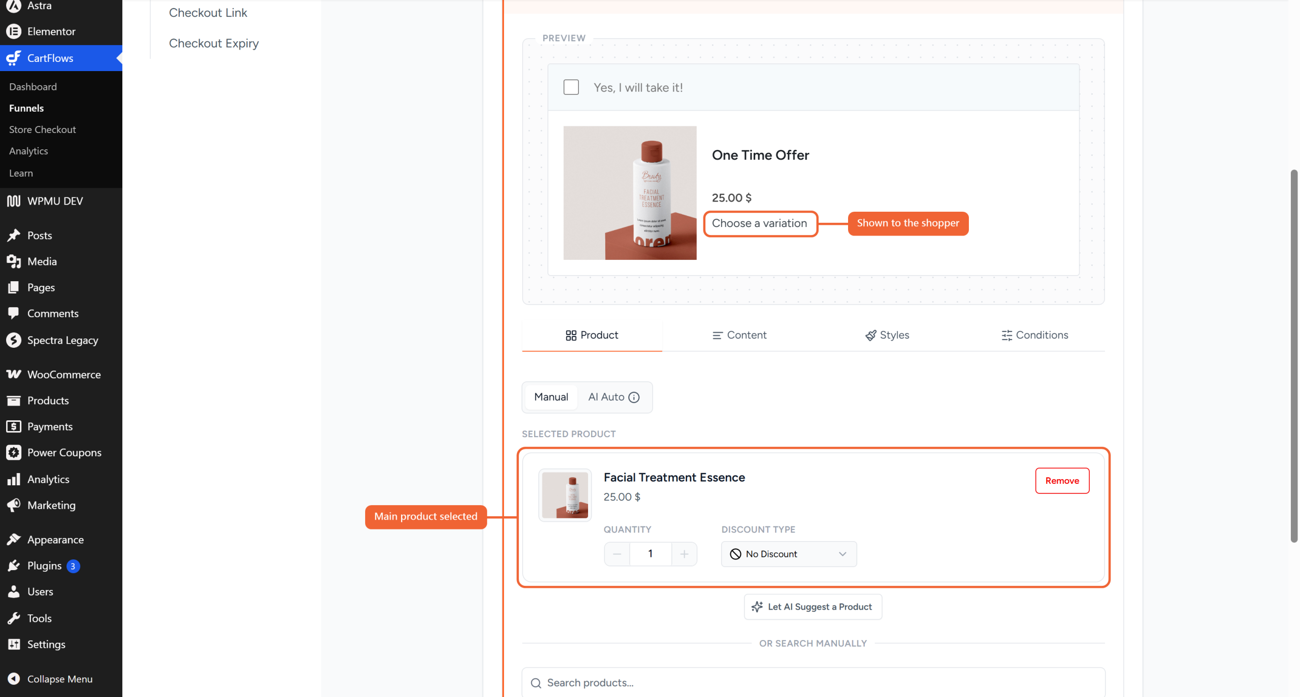The order bump preview with the Choose a variation link and the selected variable product