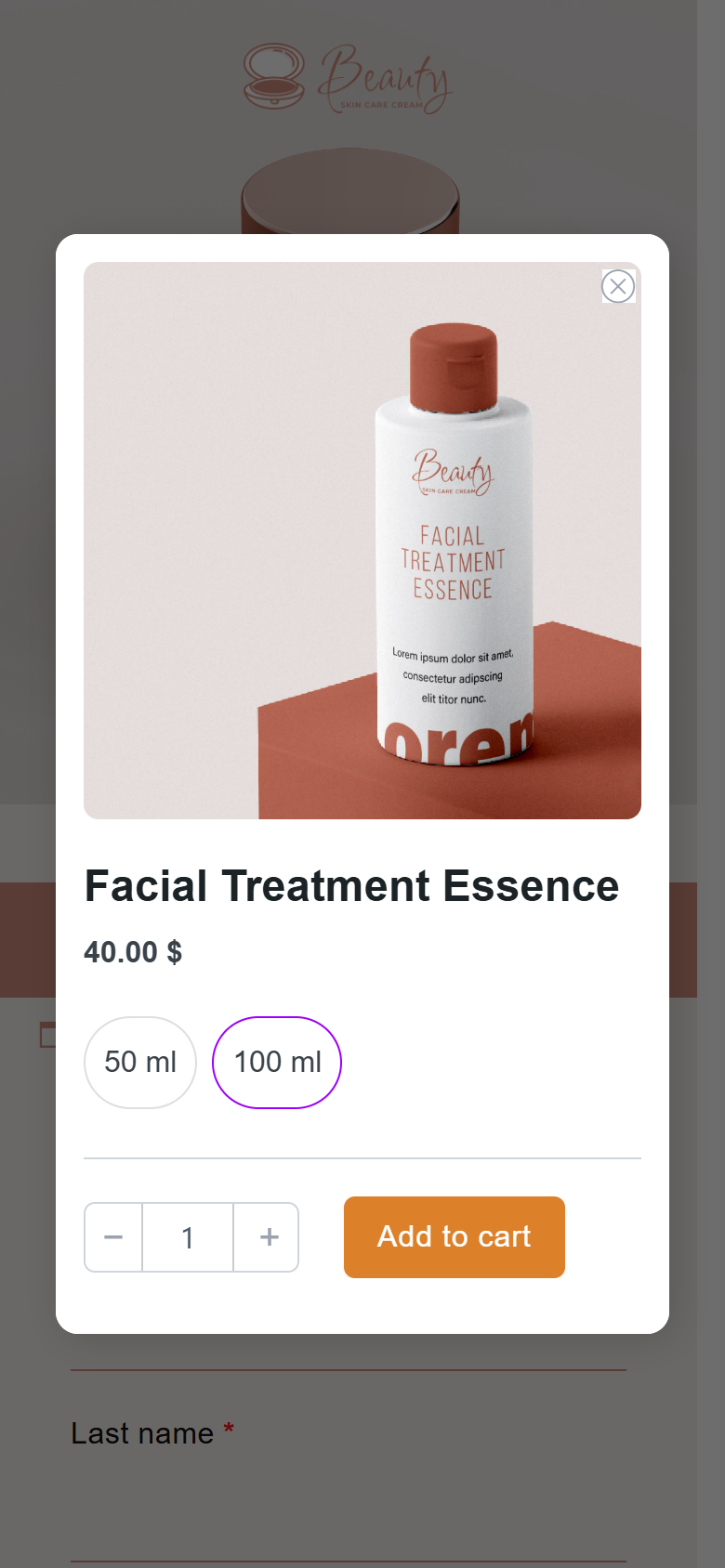 The variation popup on a mobile checkout with the 100 ml option selected