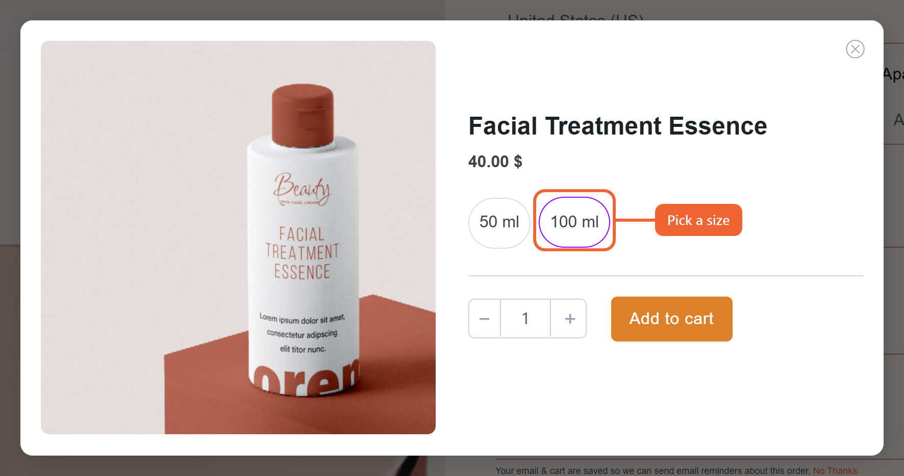 The variation popup with the 100 ml option selected