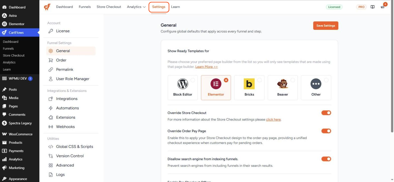 The CartFlows admin with the Settings item highlighted in the top menu