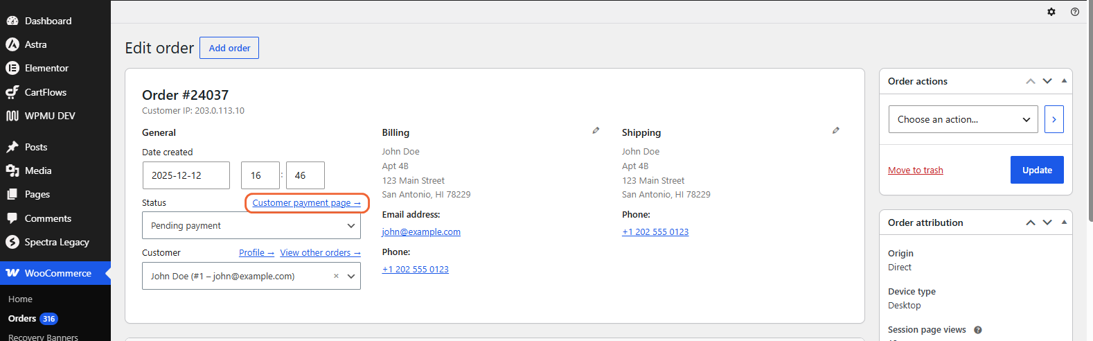 WooCommerce order screen with the Customer payment page link