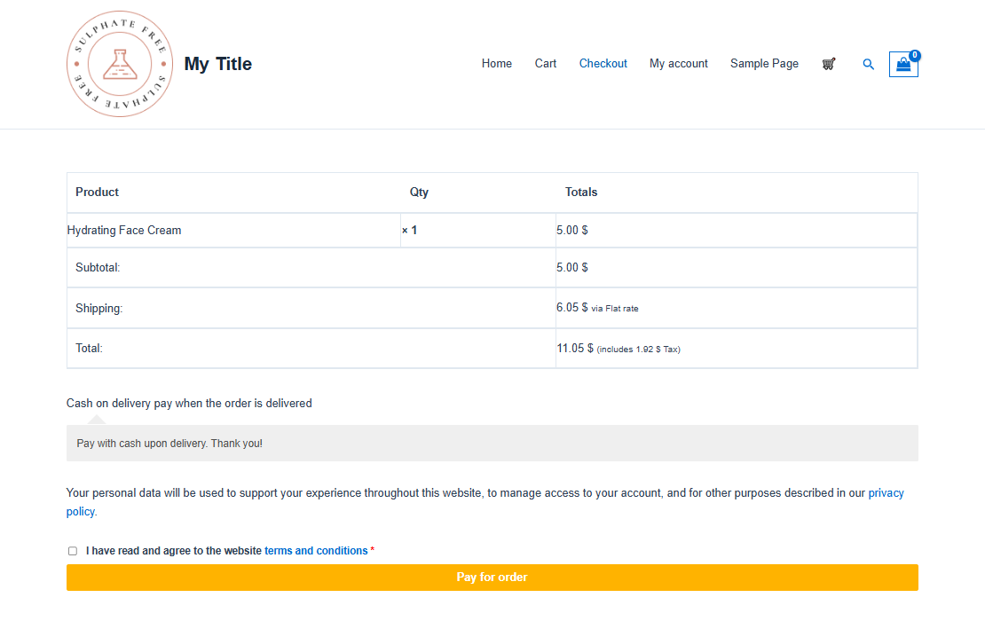 Pay for order page with the theme's default layout